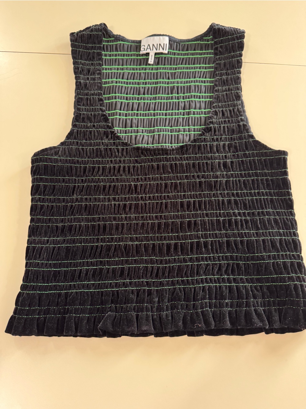Ganni Black Velvet Smocked Tank with Green Stiching
